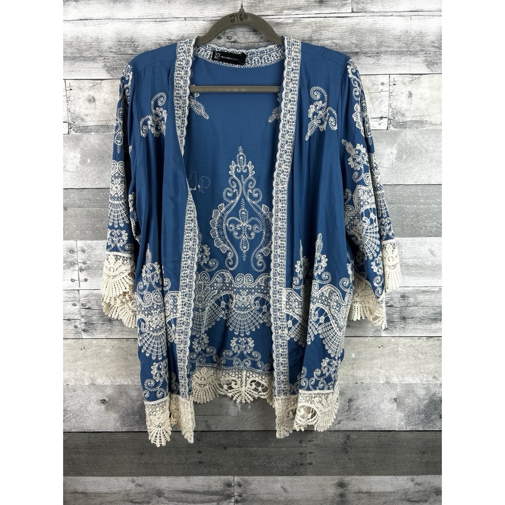 New York & Company Medium Up Blue Cardigan With Lace